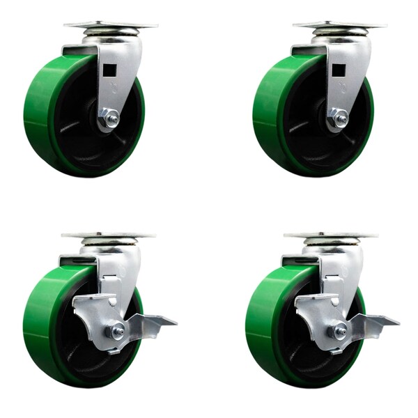 5 Inch Green Poly on Cast Iron Swivel Caster Set with Ball Bearings 2 Brakes